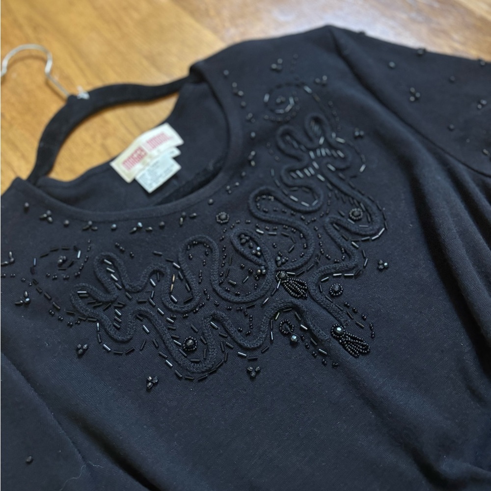 Vintage 90s Maggy London Black Beaded Knit Dress – Size 14 (Fits M/L) wool blend - Picture 7 of 13